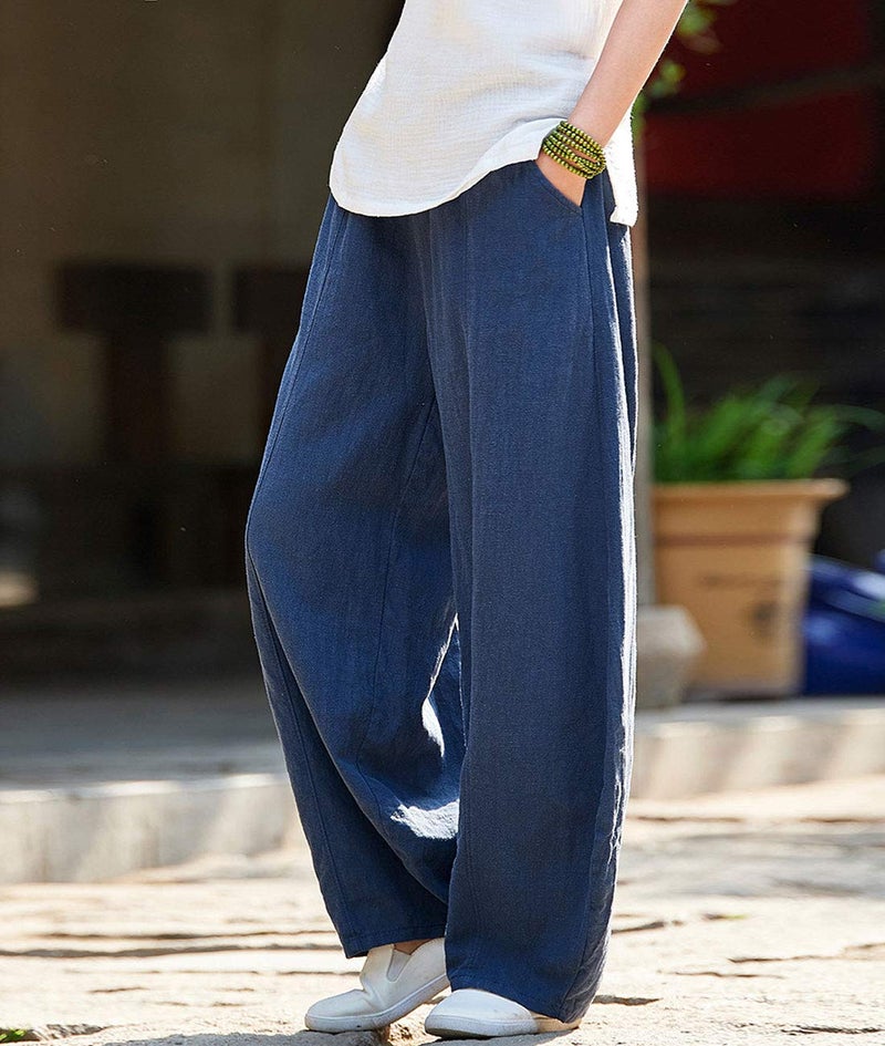 IXIMO Women's Casual Cotton Linen Baggy Pants with Elastic Waist Relax Fit Lantern Trousers Navy Blue L - Image 2